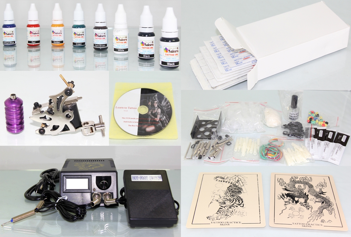Tattoo Kit with Machine Gun Power Supply 50 Needles + 8 Inks K1A - Click Image to Close